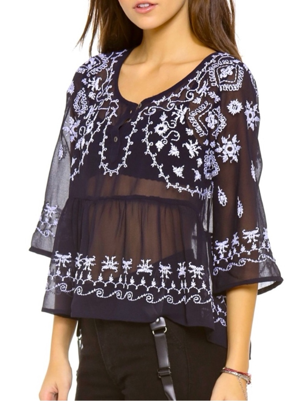 πΊπHPππΊ NWT Free People Pennies Sequel Embroidered Blouse - Picture 2 of 16